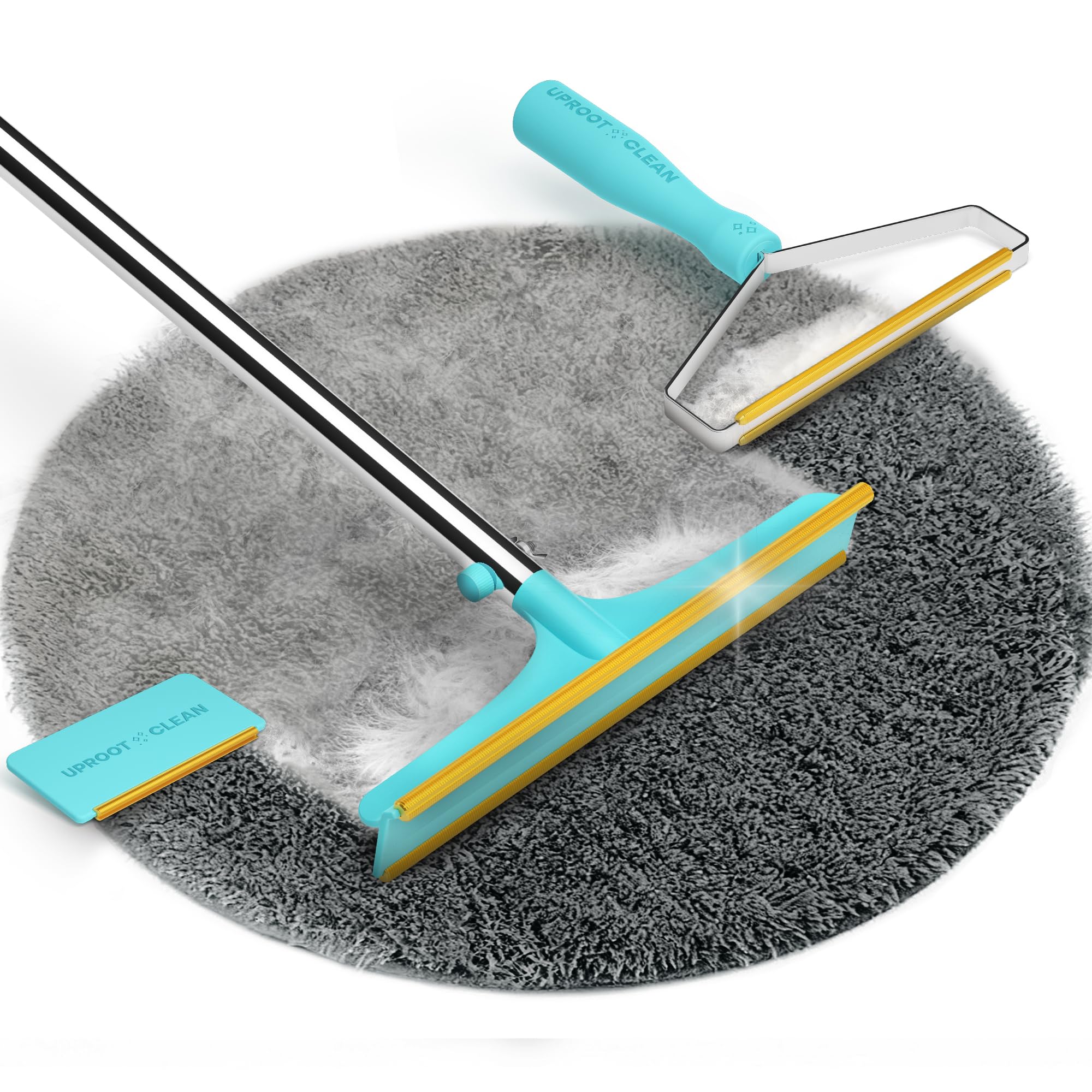 The Uproot Cleaner pet hair removal tool showing its distinctive teal rubber edges